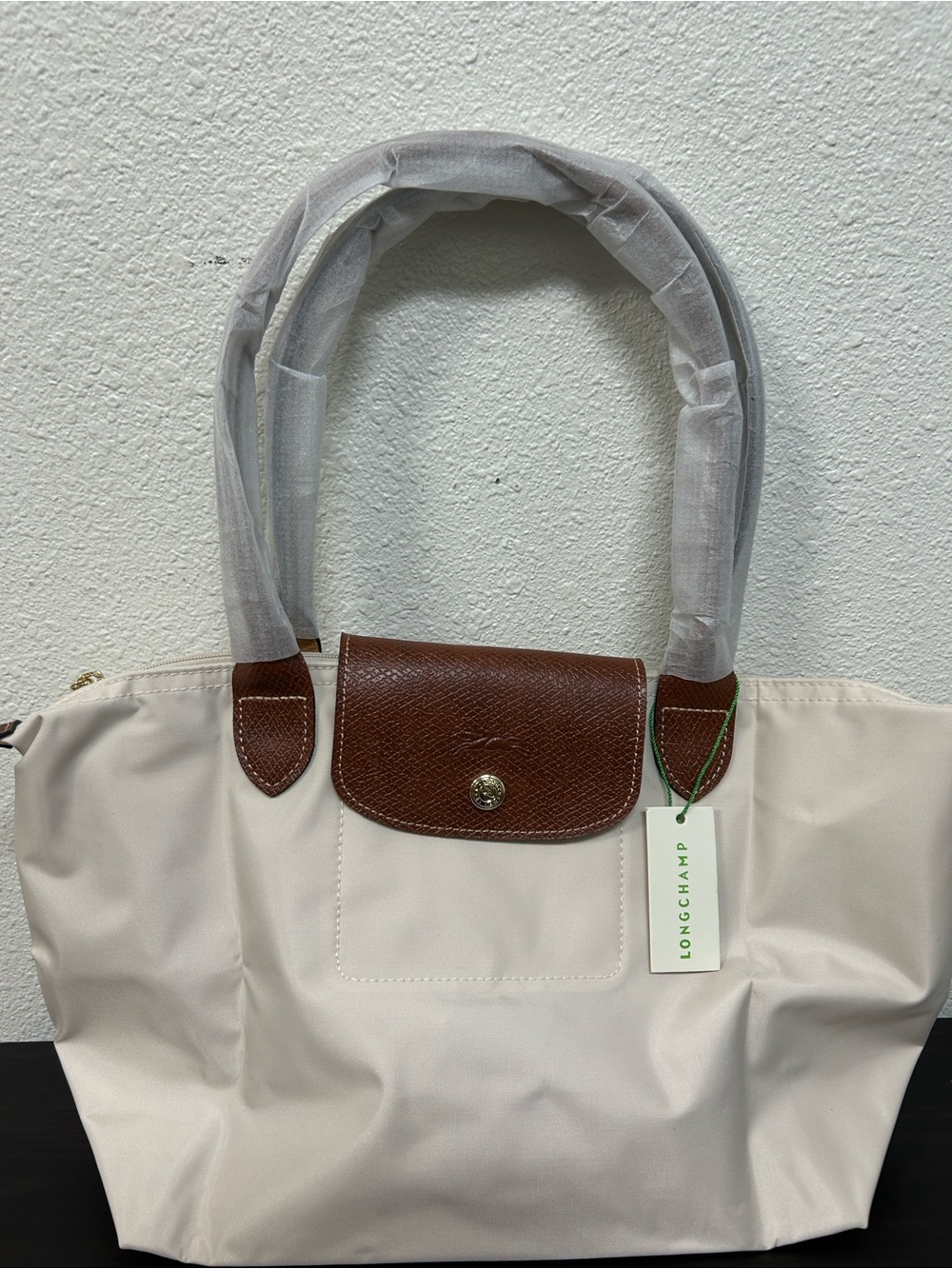 Longchamp Cream Medium Tote with Brown Leather Trim